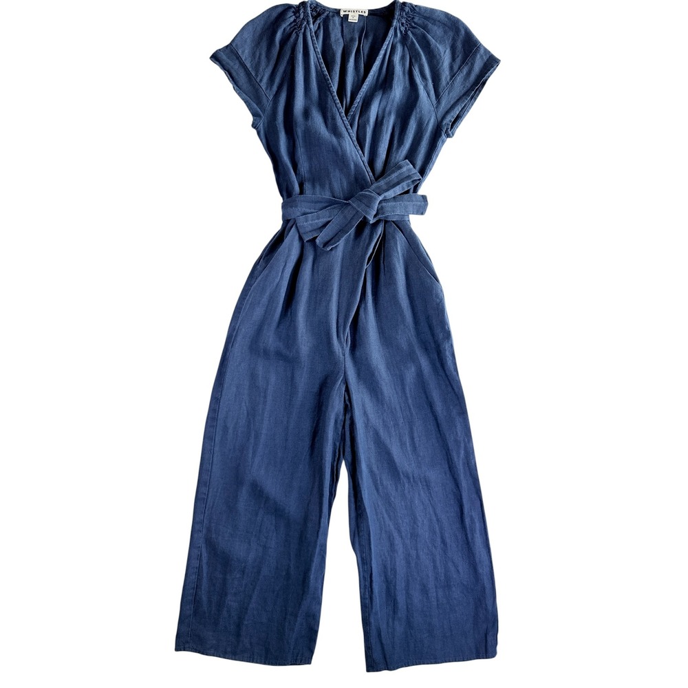 Whistles Etta Jumpsuit Women US 0 Blue Linen Wrap Tie Waist Wide Leg Cap Sleeve - Picture 2 of 16